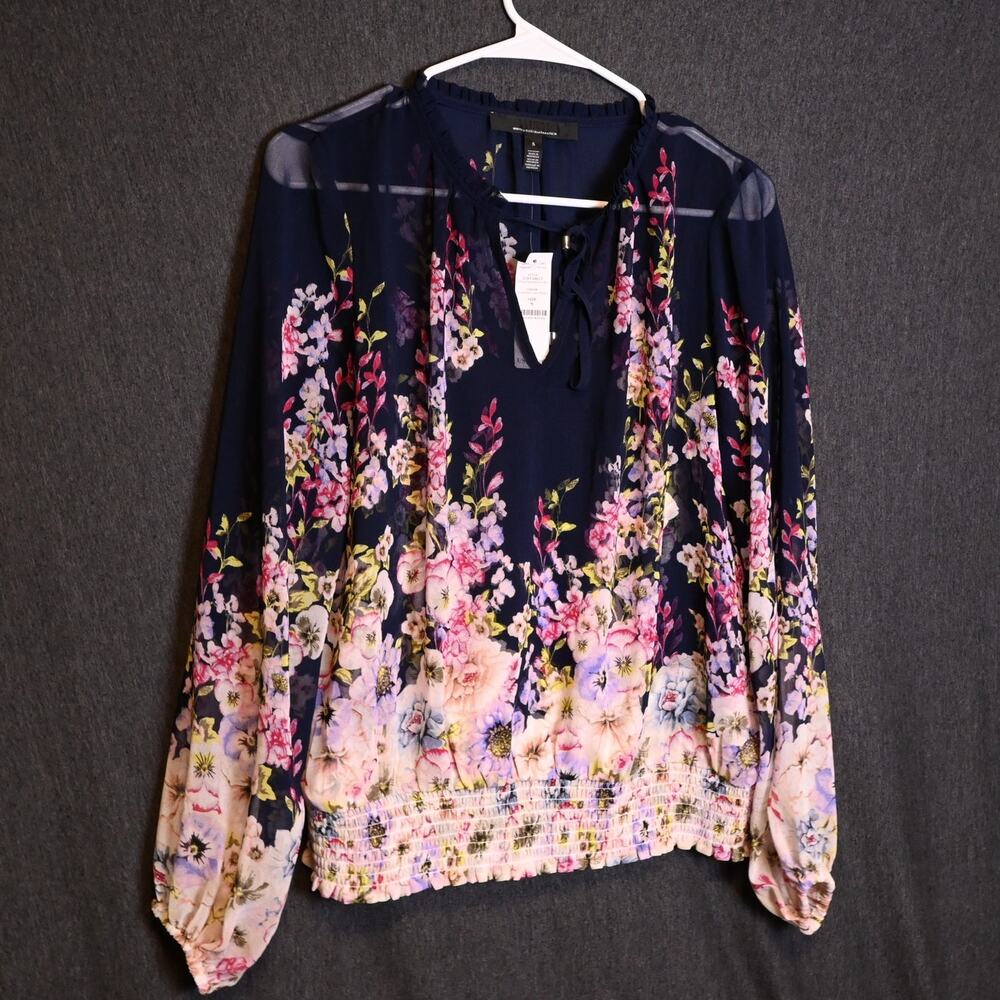 NEW White House Black Market Women's S Chiffon Blouse Floral Smoked Bottom NWT